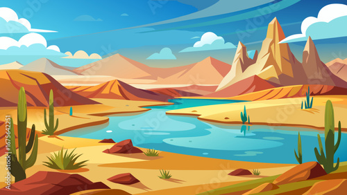 Vector art of scenic desert landscape with a winding river, towering mountains, and native cacti under a bright sky, creating a captivating panorama