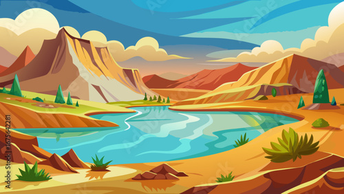 Vector art of scenic landscape illustration of a valley with a lake surrounded by mountains, trees, and desert vegetation under a blue sky with clouds