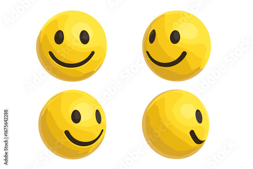 3D realistic yellow smiley emoji set in multiple angled views, vector cartoon illustration with transparent background, ordered collection of expressive happy faces for design