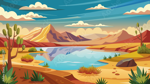 Illustration of a desert landscape featuring a lake, mountains, and desert vegetation under a cloudy sky, capturing the beauty of nature