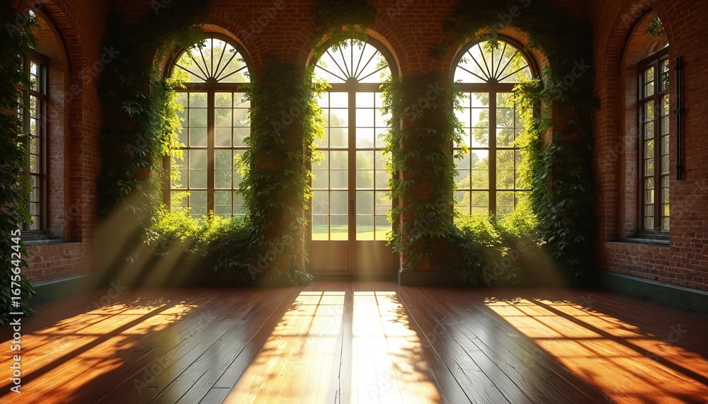 Fototapeta premium Sunlit room with arched windows covered in ivy. Red brick walls, warm wooden floor create rustic industrial ambiance. Natural light streams through, casting dramatic shadows, evoking serene, tranquil
