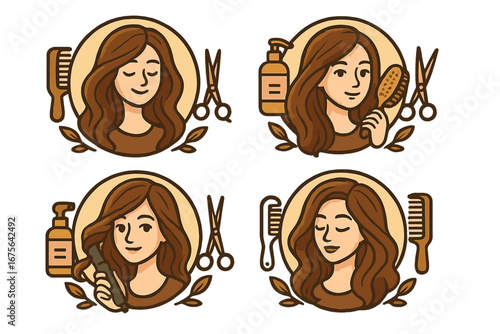 Hair salon logo set. Beauty salon vector icons. Hairdresser tools. Woman hairstyle. Female character portrait. Comb, scissors, brush, shampoo. Stylist mascot concept.
