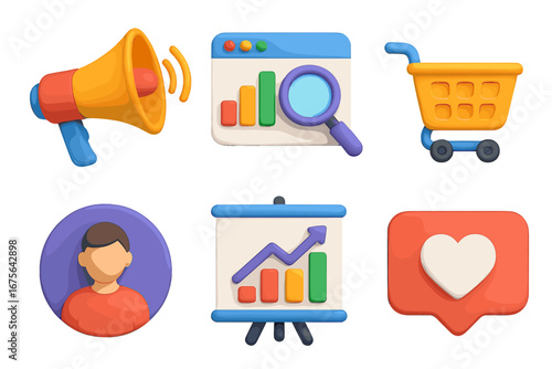 Social media marketing vector illustration, cartoon style set with digital analytics, shopper cart, user profile, growth graph, and heart like icon, transparent background