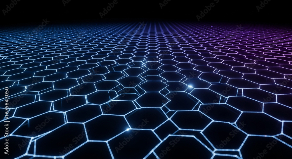 Naklejka premium Futuristic glowing hexagonal grid network pulses with vibrant blue and purple light on dark background
