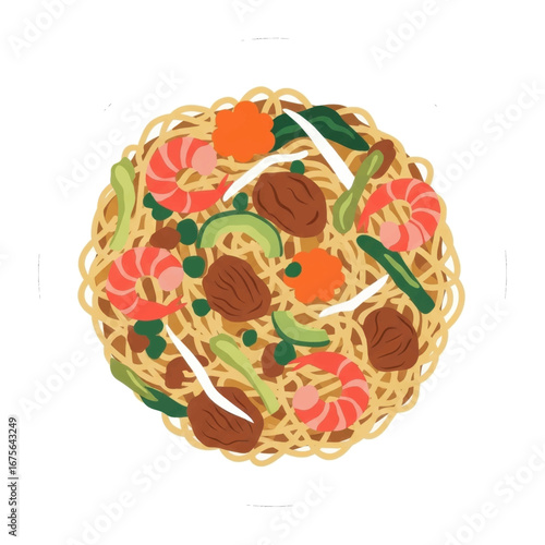 Colorful illustration of a plate of noodles with shrimp, vegetables, and meat.