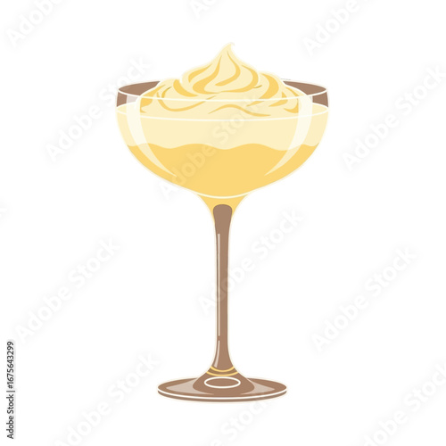 A delicate champagne glass filled with a light yellow cocktail topped with a dollop of whipped cream.
