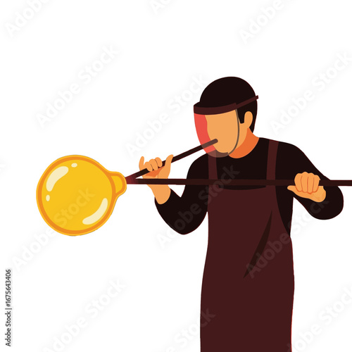 A craftsman, wearing protective gear, skillfully shapes molten glass into a glowing orb against a stark black background.