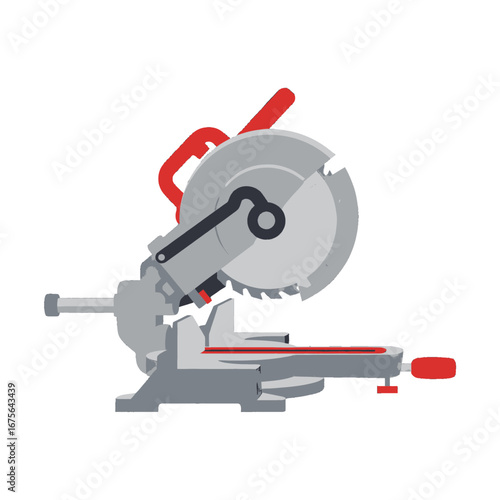 A stylized illustration of a miter saw, showcasing its components and functions.