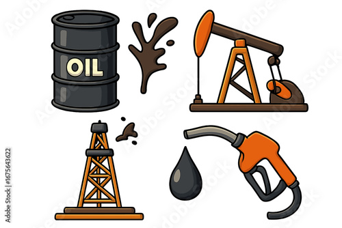 Cartoon oil and gas industry vector icon set. Petroleum production, extraction, and energy concepts. Features oil derrick, pumpjack, barrel, fuel pump nozzle, and crude oil drop.