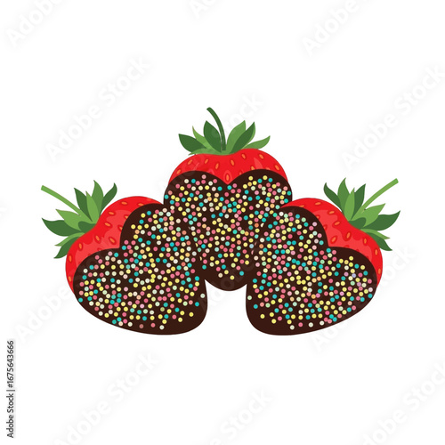 Three luscious strawberries, dipped in dark chocolate and adorned with colorful sprinkles, create a delightful dessert illustration.