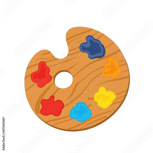 A round, wooden 's palette, featuring vibrant primary and secondary colors, sits against a stark black background.