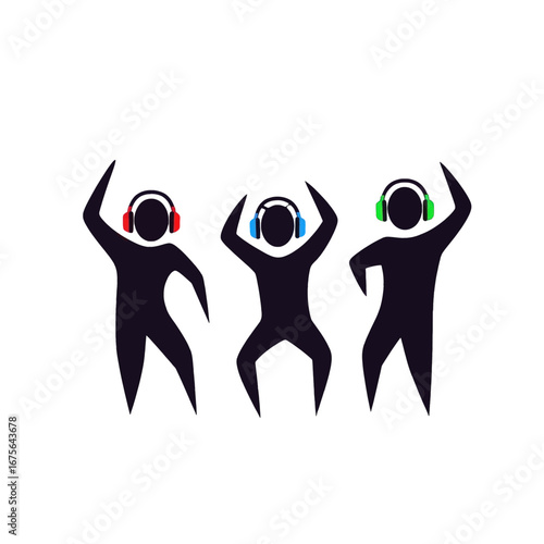 Silhouettes of three figures dancing with colorful headphones, set against a dark background, conveying a vibrant and energetic mood.