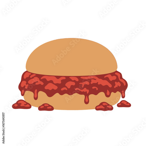 A vibrant illustration of a hearty sandwich, brimming with a rich red filling, spilling over the sides.