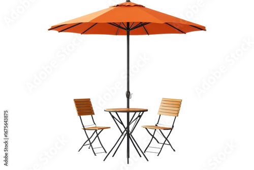 Cafe table set with wooden chairs and an orange parasol umbrella designed for outdoor seating in a bright and inviting setting