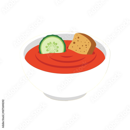 A vibrant illustration of a bowl of gazpacho, featuring a slice of cucumber and a crouton.