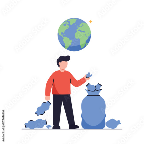 Man cleaning up the planet and illustrating the impact of climate psychology on environmental responsibility and sustainability efforts