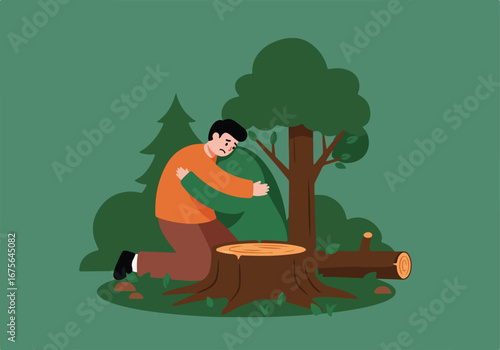 Exploring climate psychology, a man mourns a felled tree, showing the emotional toll of deforestation and environmental loss
