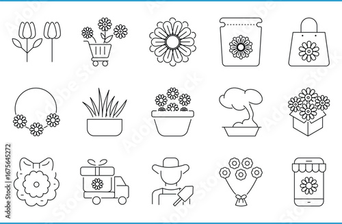 Flower shop line icons set. Flower, sell, buy, gardener, shopping bag, bonsai, and so on. Vector editable stroke.