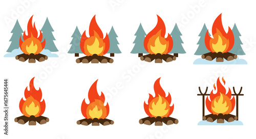 Collection of Campfire Illustrations with Various Flame Shapes and Styles.