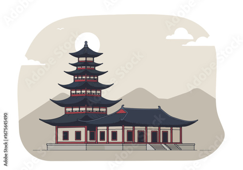 An illustration of a serene Asian temple, a symbolic sanctuary for climate psychology and finding mental peace amidst ecological awareness