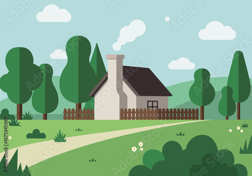 A serene countryside scene illustrating climate psychology A minimalist representation of a cozy house amidst nature, evoking feelings of tranquility and environmental consciousness