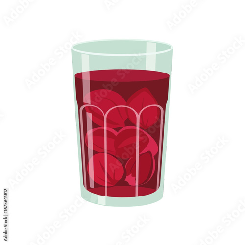A vibrant illustration of a glass of ruby-red juice with ice.