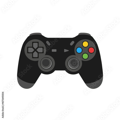 A simple, flat illustration of a black video  controller against a stark black background.