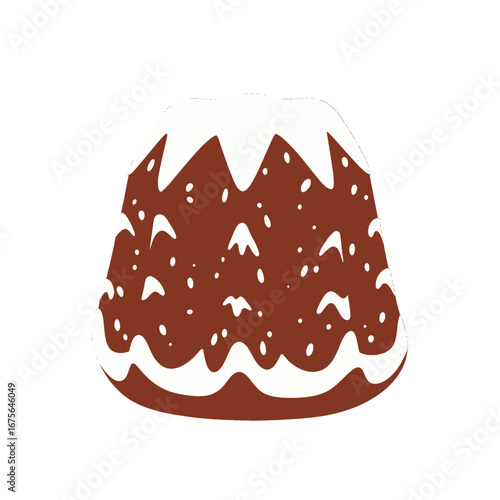 A delightful illustration of a festive cake, adorned with white icing and miniature snow designs, creating a charming wintery theme.