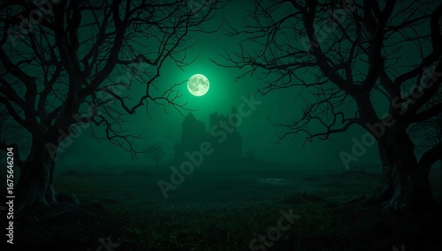 A hauntingly beautiful, misty forest with gnarled trees silhouetted against a glowing green moon, spooky halloween wallpaper background.