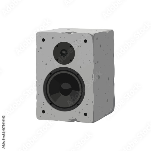 A stylized, grayscale illustration of a concrete block speaker, showcasing a simple, robust design.