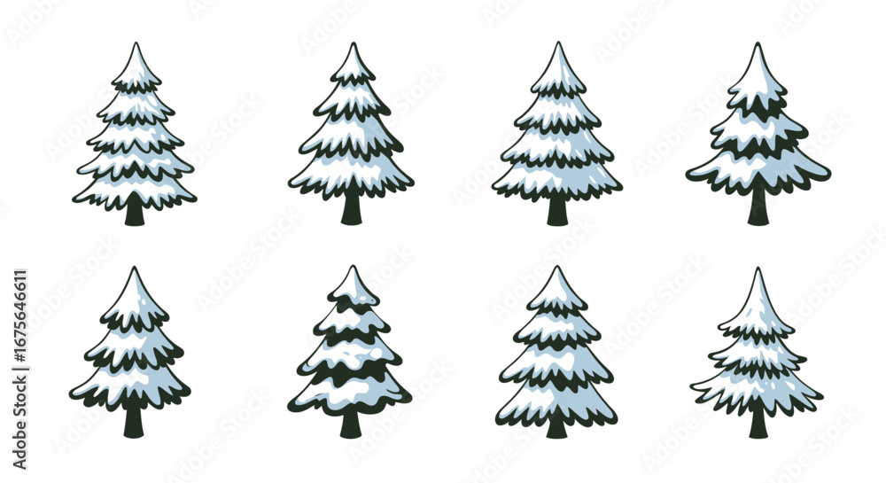 Obraz premium Collection of hand drawn snowy Christmas pine trees illustration.