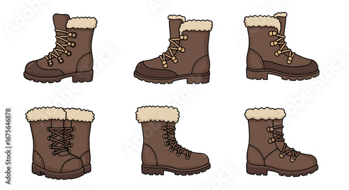 Collection of six brown winter boots with fur lining and laces.