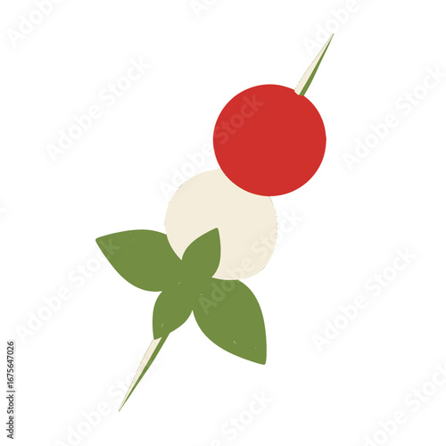 Colorful mozzarella balls and cherry tomatoes on a toothpick, garnished with fresh basil leaves, presented against a dramatic black backdrop.