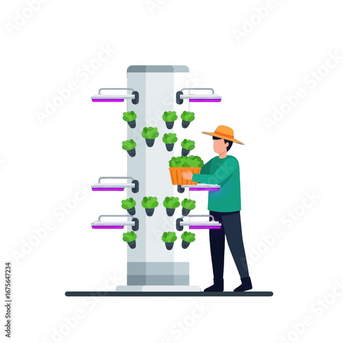 A person harvests fresh produce from a modern vertical hydroponic farm, showcasing efficient agricultural practices.