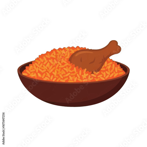 A bowl of orange rice with a chicken drumstick, displayed against a black background, showcasing a vibrant and appetizing food illustration.