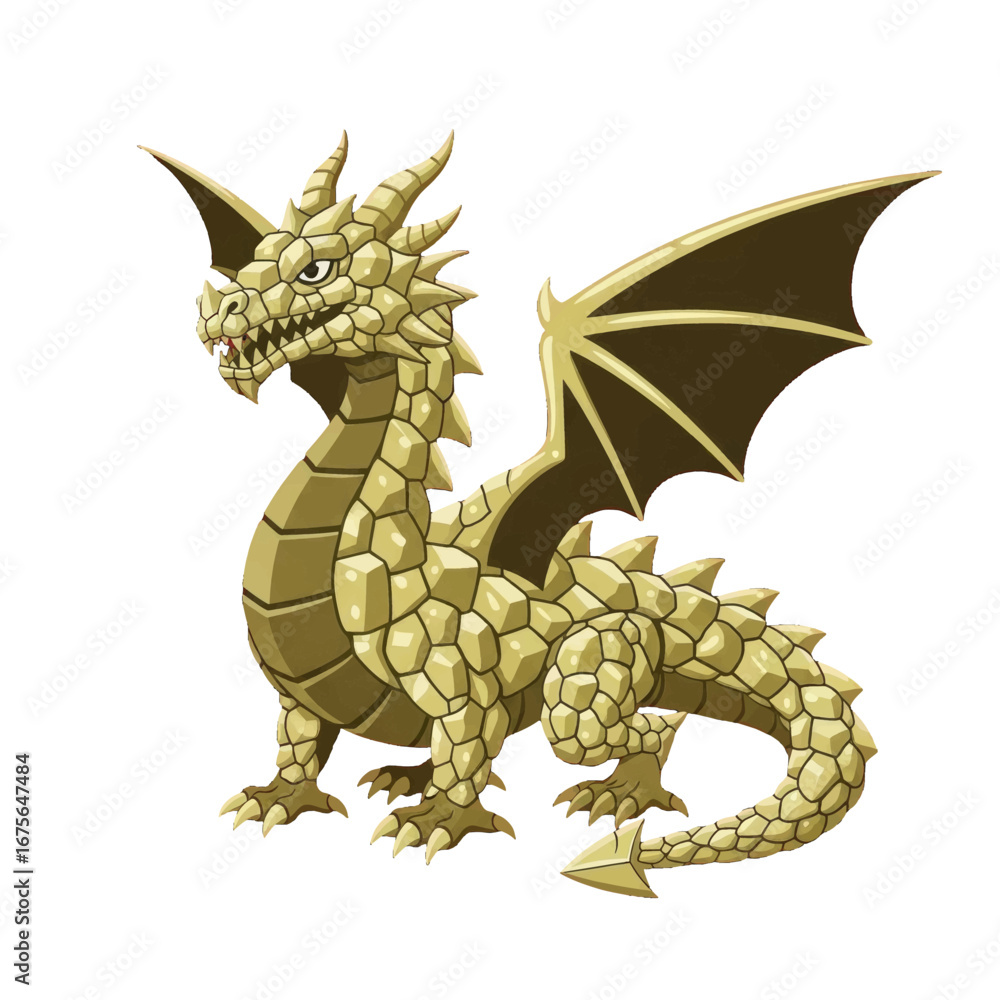 Fototapeta premium A stylized, gold-hued dragon, with intricate scales, dominates a black background.