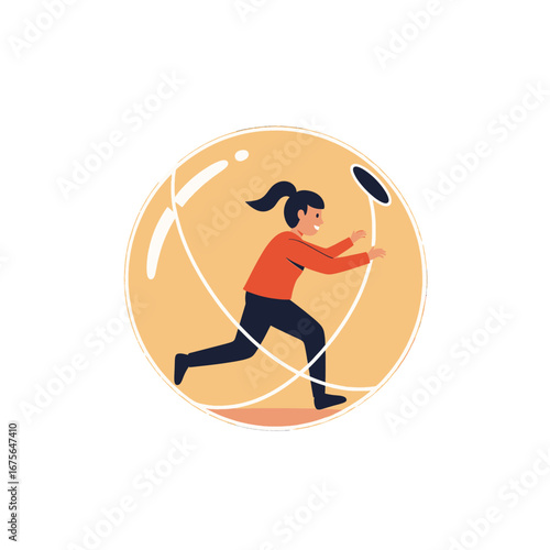 A girl runs within a large, translucent sphere against a dark background, conveying a sense of confinement and motion.