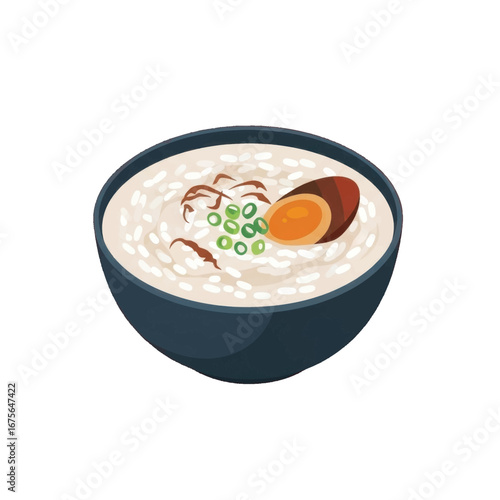 A bowl of creamy, comforting rice porridge, highlighted by a rich-colored egg, garnished with fresh green onions.