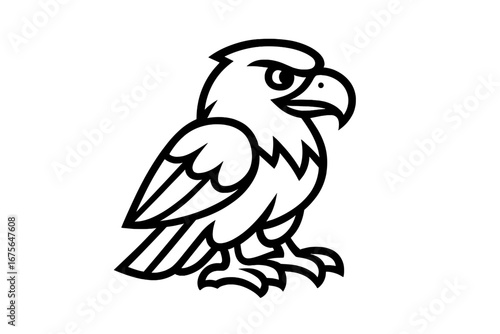 Eagle mascot logo vector icon. Hawk or falcon bird of prey symbol for a sports team. Strong and proud animal emblem. Black and white line art cartoon illustration isolated.