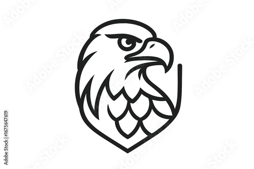 Eagle head logo vector icon. Bird of prey shield emblem for security company or sports team. Falcon mascot symbol of power, strength, and freedom. Line art design element.
