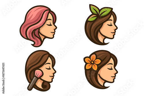 Set of woman face logo designs for beauty salon, spa, cosmetics. Natural organic concepts with leaf and flower. Female profile for hairdresser, makeup artist. Vector icon pack.