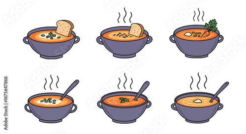 Collection of various hot steaming soup bowls with different garnishes.