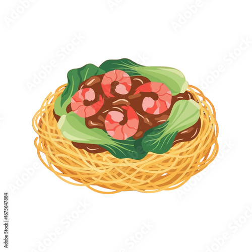 Colorful illustration of a nest-like dish of noodles with shrimp and vegetables.