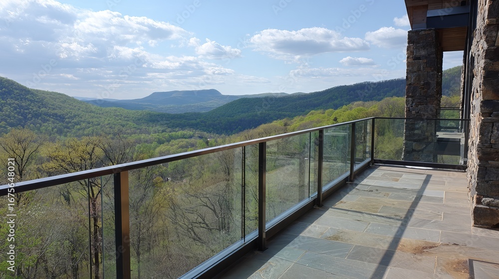 Fototapeta premium Stunning view from a modern balcony overlooking lush green mountains under a blue sky.