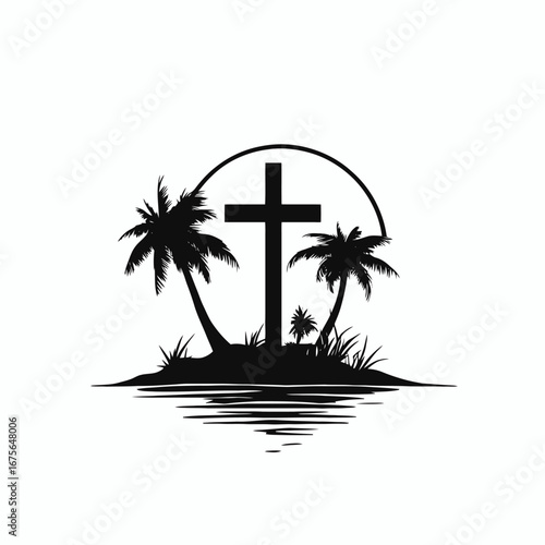 Tropical faith meets paradise island and Christian cross symbol in silhouette