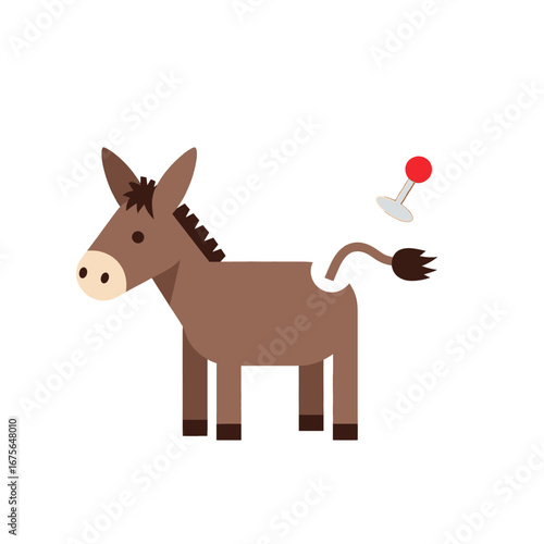 A cartoon donkey with a pin through its tail, presented against a stark black background, evokes a humorous and whimsical image.