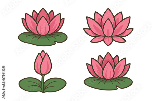 Set of pink lotus flowers. Vector cartoon illustration of a water lily. Symbol of yoga, meditation, wellness, purity and buddhism. Floral design element for spa, beauty, logo.
