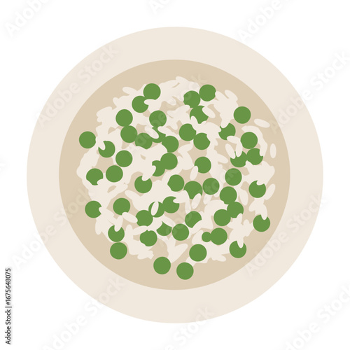 A high-angle, overhead view of a plate of creamy risotto with fresh green peas.
