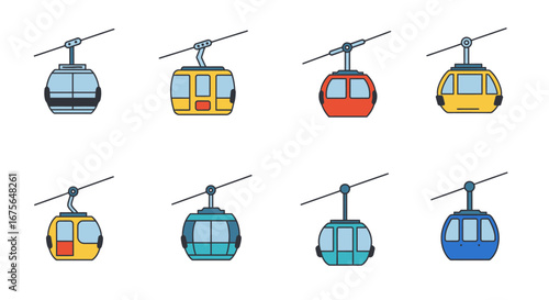 Colorful collection of cable car and gondola illustrations.