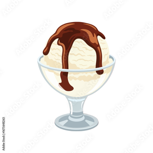 Creamy vanilla ice cream sundae in a glass dish, drizzled with rich chocolate sauce.